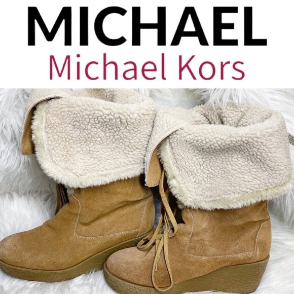 MICHAEL MICHAEL KORS Camel Brown Suede Sherpa Lined Wedge Boot, Size 9.5 - Picture 7 of 10